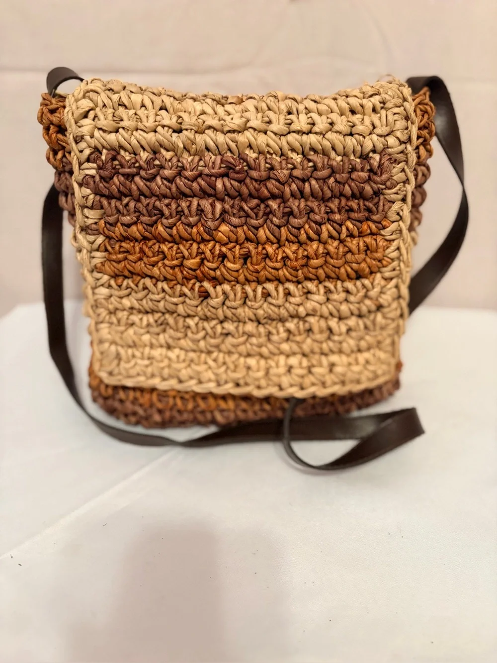 Woven Straw Raffia Crossbody Bag in Beige and Brown